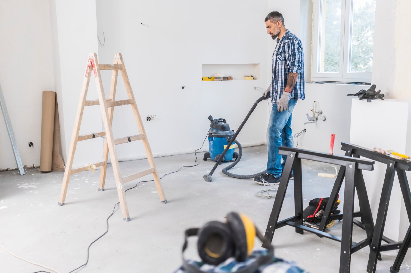 Construction Worker  Vacuuming On a Construction Site